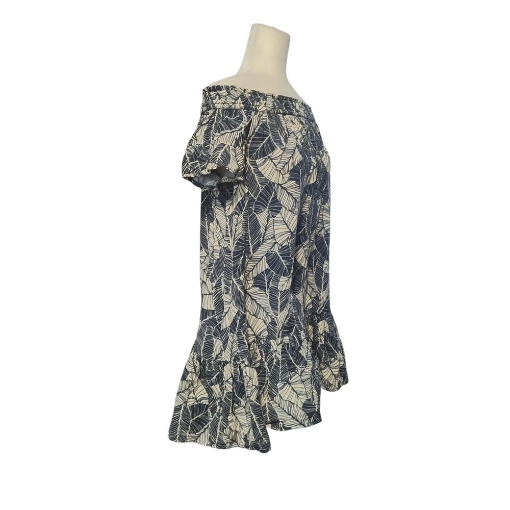Marine Layer Shirley Navy Blue White Palm Leaf Off Shoulder Ruffle Mini Dress M - Picture 3 of 16